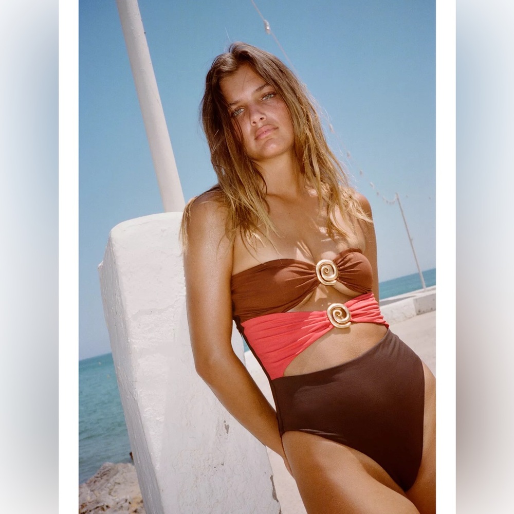 Zara Spiral Piece Bandeau Swimsuit in brown.